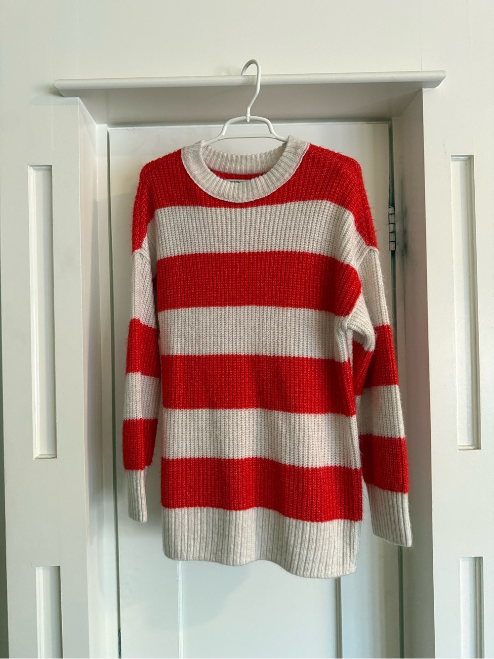 Arizona Jean Company Red and Cream Striped Crewneck Sweater